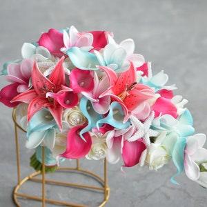 Hot Pink Aqua Beach Wedding Bouquets, Real Touch Flowers, Plumerias, Roses, Calla Lilies, Tiger Lilies, Shells, Starfish