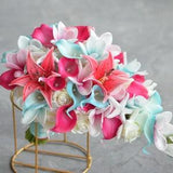 Hot Pink Aqua Beach Wedding Bouquets, Real Touch Flowers, Plumerias, Roses, Calla Lilies, Tiger Lilies, Shells, Starfish