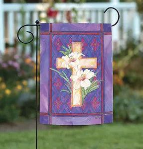 Toland Lily & Cross 12x18 Purple Easter Flower Stained Glass Garden Flag