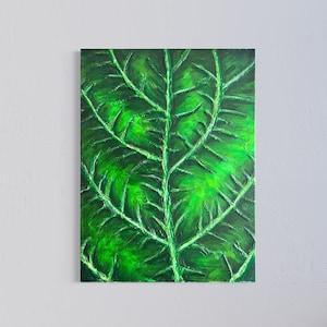 Green Leaf Wall Art - Original Acrylic Painting on Canvas - Nature Plant Macro Close Up Textured Surface Home Decor