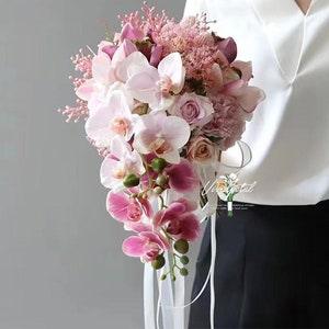 Real Touch rustic blush Pink butterfly orchid Bridal Bridesmaid Bouquet Choose ribbon color Real Touch Bouquet