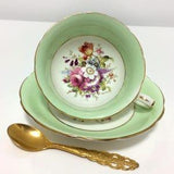 Vintage Hammersley & Co. bone china teacup, hand-painted bouquets, signed F. Howard, soft green background, #3069