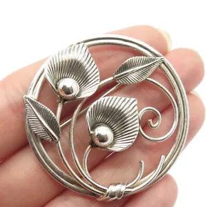 925 Sterling Silver Antique Van Dell Lily Floral Leaf Pin Brooch