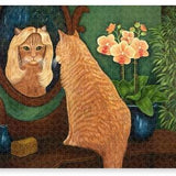 Orange tabby cat looking at reflection in mirror jigsaw puzzle. Cat with blonde wig stares back. Unique gift for tabby cat lovers.