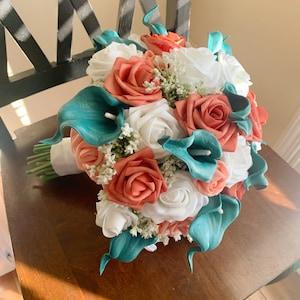 Teal Calla Lilly White and Coral Rose Bridal Bouquet Bridesmaid Bouquet Boutonniere Beach Wedding Bouquet