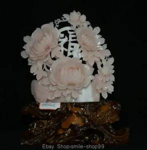 16" Chinese Natural Yellow Xiu Jade Hand carved Fengshui Peony Flower Statue