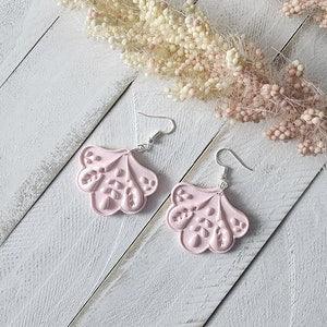 Earrings dangle floral fan design pastel shimmery pink-polymer clay gift for her