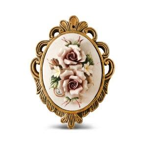 Handmade  Capodimonte Style Porcelain Rose Bouquet in Oval Frame Wall Flower Plaque  - Two Vertical Roses