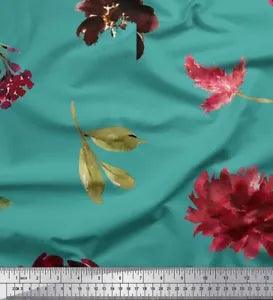 Soimoi Blue Velvet Fabric Leaves & Peony Floral Decor Fabric Printed-5p0