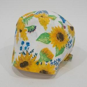 Women's Sunflower Scrub Cap, SUMMER BLOOMS, Pixie, tie-back, buttons option, nurse, surgeon, Superior Scrub Caps
