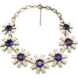 Rose & Peony British Fashion Statement Necklace Unique Blue Cream Flowers