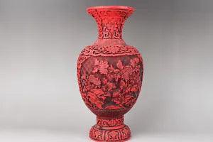 9" Old Chinese Feng shui lacquerware  subshrubby peony flower vase