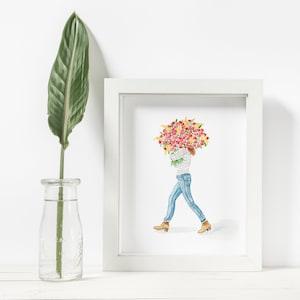 Carrying Rose Bouquet, Watercolor Art Print, 5x7 print