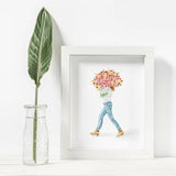 Carrying Rose Bouquet, Watercolor Art Print, 5x7 print