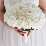 Round Rose Bridal Bouquet in Ivory White, Wedding Bouquet Faux with rhinestones crystals and Pearls, Customizable Wedding Flowers