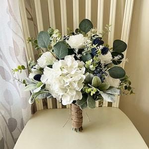 Boho navy wedding bouquet premium white roses & hydrangea blue accent flowers, greenery bridal bouquet,navy thistle, sage bridesmaid