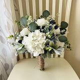 Boho navy wedding bouquet premium white roses & hydrangea blue accent flowers, greenery bridal bouquet,navy thistle, sage bridesmaid