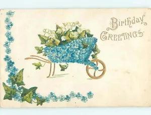 NEW LISTINGPre-Linen WHEELBARROW MADE OF FORGET-ME-NOT FLOWERS & LILY OF THE VALLEY HL5700