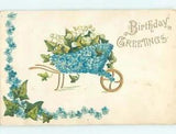 NEW LISTINGPre-Linen WHEELBARROW MADE OF FORGET-ME-NOT FLOWERS & LILY OF THE VALLEY HL5700