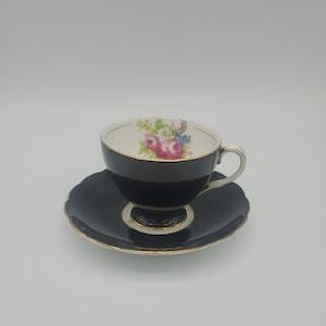 Foley England Bone China Cup and Saucer Black & Gold With Floral Bouquet Roses Daisies and Forget Me Nots