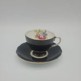 Foley England Bone China Cup and Saucer Black & Gold With Floral Bouquet Roses Daisies and Forget Me Nots