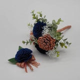 Rose gold And navy Sola flower bouquet with frosted eucalyptus greenery and burlap ribbon, bridesmaid bouquet. Available in 22 colors