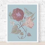 Dusty Blue Magnolia Botanical Art Print, Dusty Rose Flowers, Camellia Flower Art, Wildflower Print, Butterfly Poster, Pink Floral Garden Art