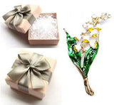 Brooch Lily of The Valley White Flower Gold Green Leaves Elegant Pin Gift Box