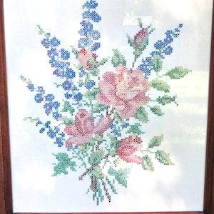 Framed Floral Cross Stitch / Large Roses & Delphiniums Cross Stitch 18" x 22" / 1940s Home Decor / Vintage Embroidery / Set or, Photo Prop