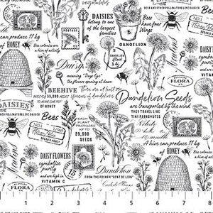 Beecroft by Northcott 100% Cotton Fabric, Beehive, Bees, Black & White Script, Dandelion and Plant Pots,  26679-10