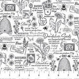 Beecroft by Northcott 100% Cotton Fabric, Beehive, Bees, Black & White Script, Dandelion and Plant Pots,  26679-10