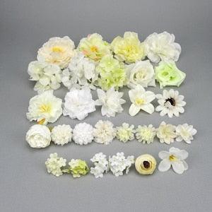 28Pcs Artificial Flower Head Combo Set/4-12cm Silk Simulation Flower/Beige DIY Flower Kit for Wedding Bouquets Baby Shower Fake Floral Decor