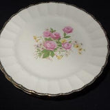 Set of 4 Vintage Sovereign Potters Earthenware dinner plate 9 3/4" pink roses floral bouquet large gold rimmed Ironstone crazing
