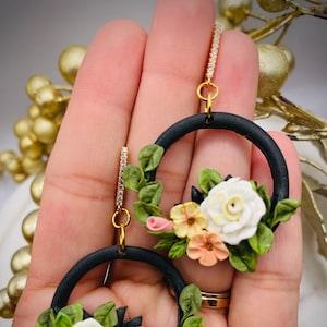 floral artisan earrings |floral clay earrings| Botanical earrings |floral bouquet earrings| statement earrings | Black Floral Earrings