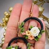 floral artisan earrings |floral clay earrings| Botanical earrings |floral bouquet earrings| statement earrings | Black Floral Earrings