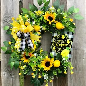 Sunflower Lemon Grapevine Wreath, Front Door, Homemade, Door Decor, Home Decor, Handcrafted, Housewarming, Spring, Summer, Aluminum Sign,