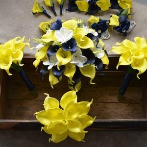 Navy Yellow Wedding Bouquets, Real Touch Callas Lilies, Bridesmaids Bouquets, Boutonnieres, White Navy Bridal Bouquet