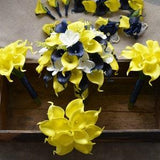 Navy Yellow Wedding Bouquets, Real Touch Callas Lilies, Bridesmaids Bouquets, Boutonnieres, White Navy Bridal Bouquet