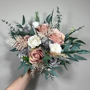 Wedding Bouquet Grey Bridal Dusty Rose Bouquet White Bridesmaids Grey Bouquet Dusty Rose Decor Ivory Artificial Flower