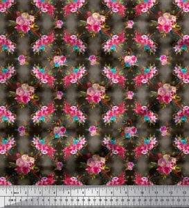 Soimoi Brown Cotton Poplin Fabric Feather & Ranunculus Floral Print-DOx