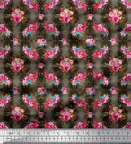 Soimoi Brown Cotton Poplin Fabric Feather & Ranunculus Floral Print-DOx