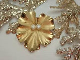 Vintage Genuine Pearl Heavy Gold Tone Lily Pad 1950's Pin Brooch