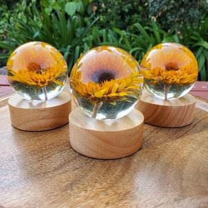 Sunflower Resin Sphere with Light Base | Handmade Resin Craft with Real Sunflower Inside - Home D??cor Night Light, Accent Lighting