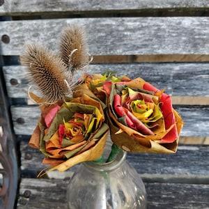 FALL Maple Leaf Rose Bouquet, With Teasel Plants. REAL LEAVES! Fall Home Decor, Thanksgiving, Halloween