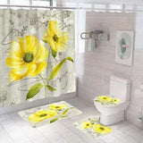 4PCS Flower Ranunculus Shower Curtain Sets With Non-Slip Bath Math Set Rug