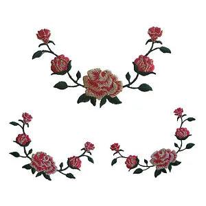 Lily Roses Floral Flowers Embroidered Red/Metallic/Green Iron On Applique Patch