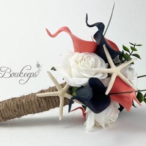 CHOOSE RIBBON COLOR - Coral and Navy Blue Calla Lily, White Rose, Bouquet, Coral and Navy Blue Bridal Bouquet, Beach Wedding, Starfish