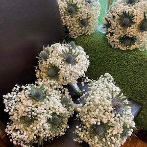 Wedding bouquet, thistle and Gypsophila baby??s breath, fresh or dried flowers, bridesmaid flowers