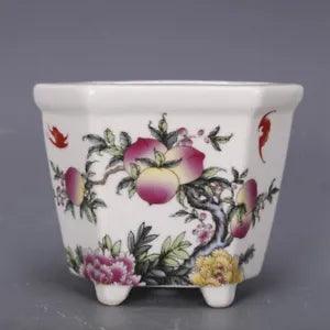 Old Chinese Porcelain Color painting peach peony Square Brush Pots Flower Pot 68