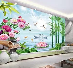 3D Peony Flower Lotus Swan 43768NA Wallpaper Wall Murals Removable Wallpaper Fay